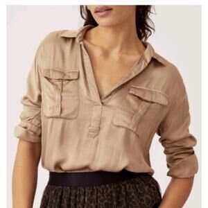 Anthropologie *In Taupe* Satin Womens V-Neck Blouse Top XS Whimsy Flirty